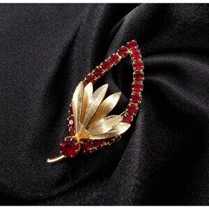 Rare Find Vintage Gold & Red Rhinestone Leaf Brooch Pin